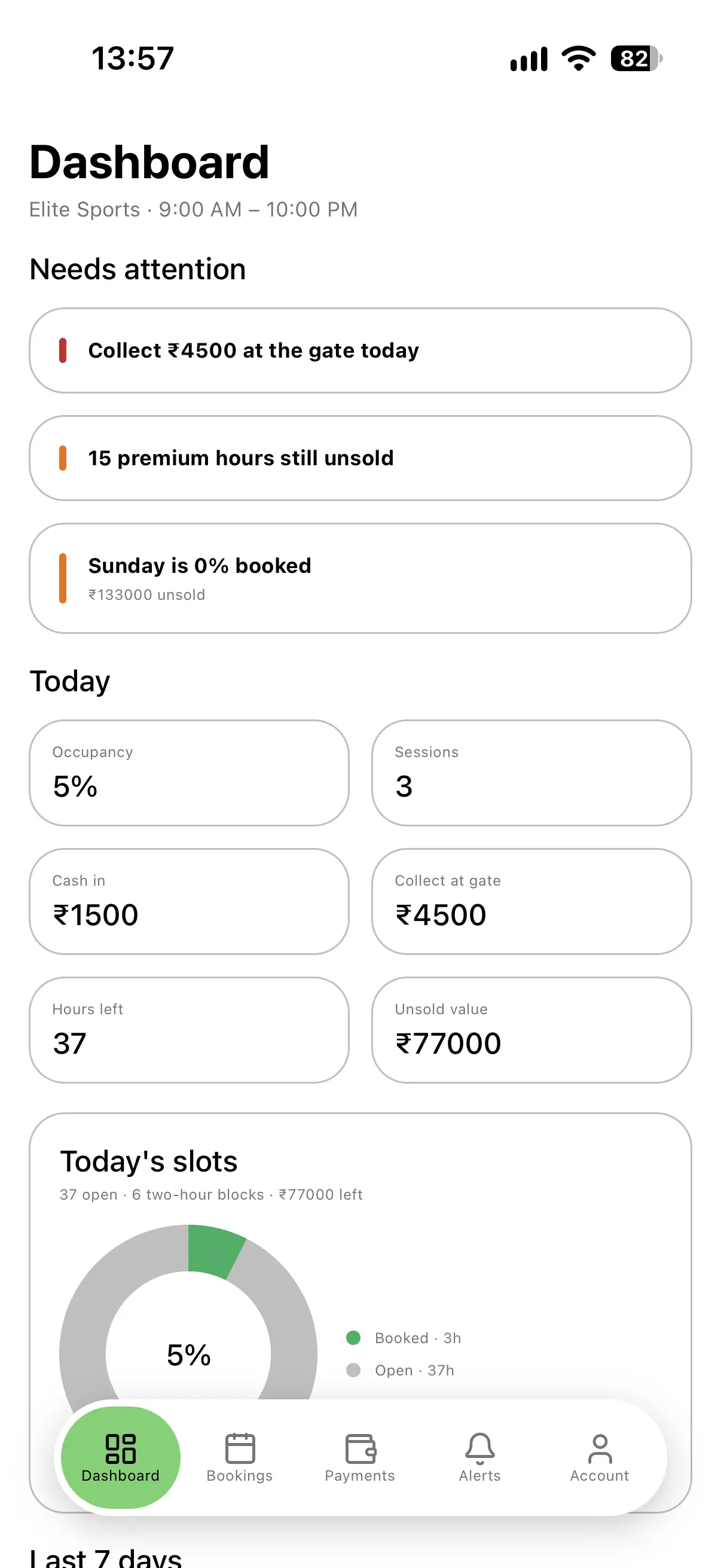 Oblisc Sports arena admin showing live booking management